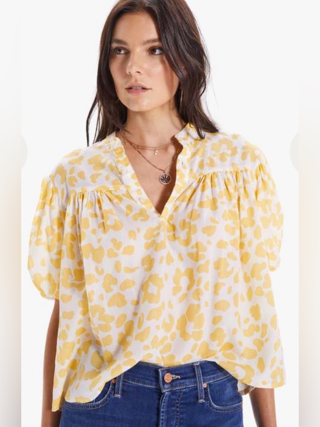 Mother The Sunburst Printed Cotton Blouse In Leopard Floral M Short Sleeve